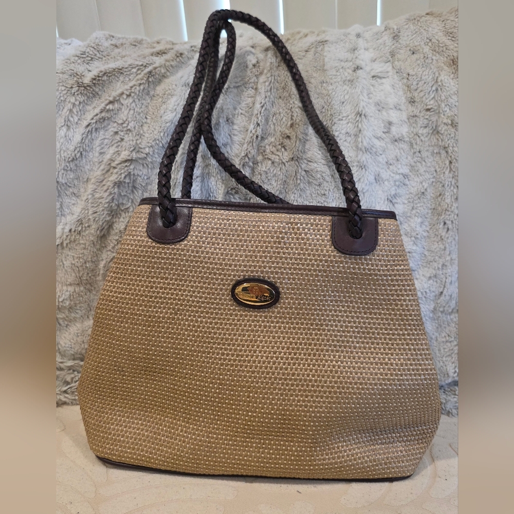Vintage Etienne Aigner Woven Beige Tote Bag with Dark Brown Trim